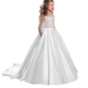 Christmas Flower Girl Dress Floor Length Button Draped Tulle Ball Gowns for Kids